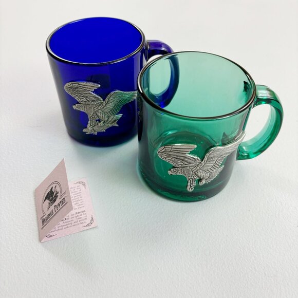 HERITAGE PEWTER Eagle Coffee Mugs Set Of 2 Glass Jade Cobalt Patriotic Woodland - Picture 14 of 15